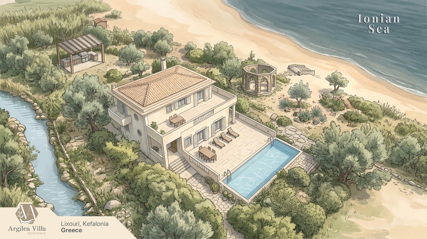Illustrated map of Argilea Villa and its grounds, Megas Lakos